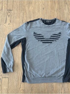 Armani Exchange AX Sweater XL Gray Black Crewneck Distressed Logo Knit
